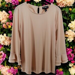Karl‎ Lagerfeld Taupe Roll Tab Sleeve Ruffle V-Neck Blouse Women’s Size XS